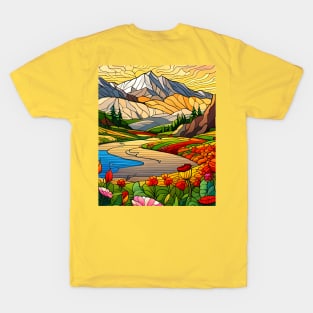 Stained Glass Colorful Mountain Meadow T-Shirt